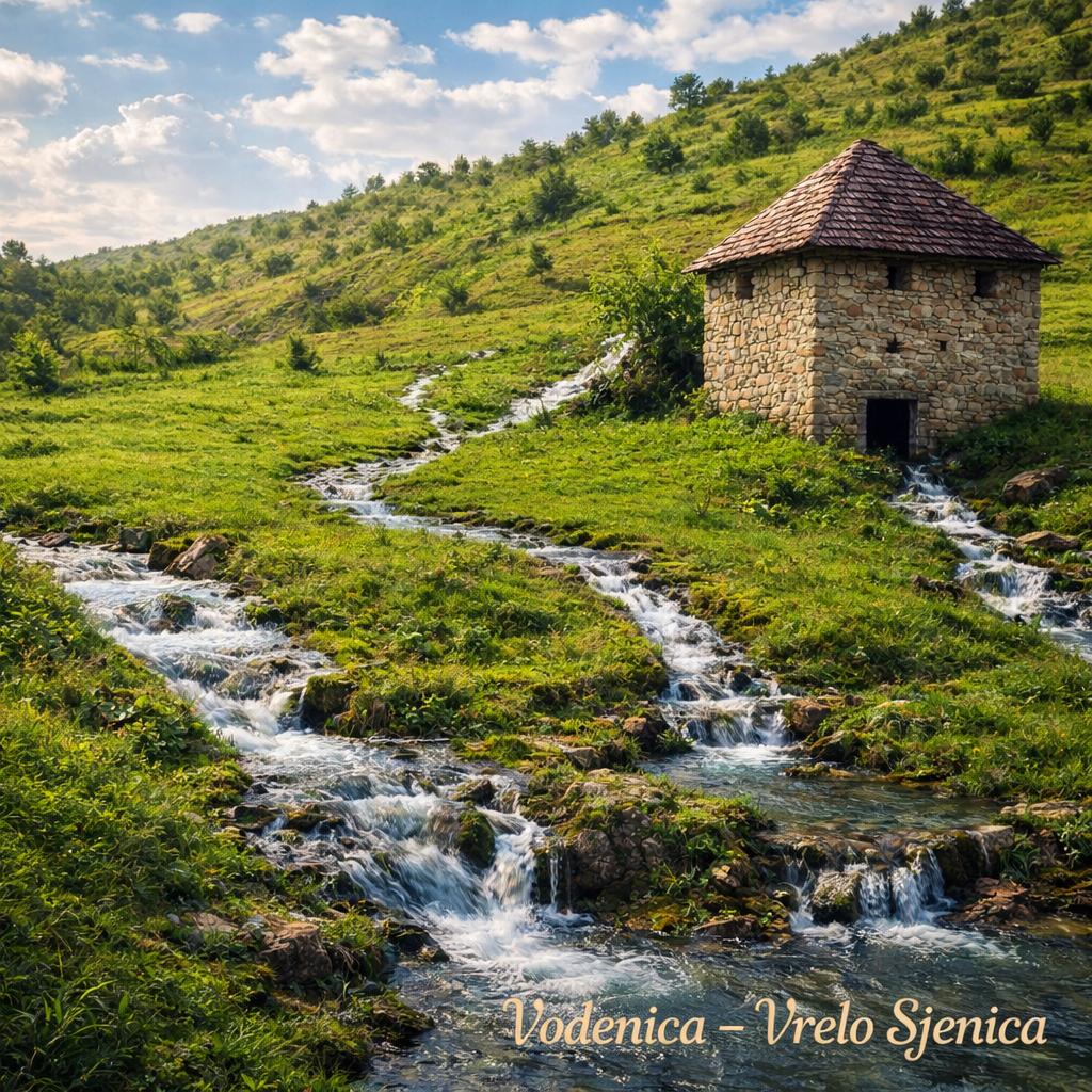 Stara vodenica na izvoru Vrelo u Sjenici sa potocima koji protiču kroz zelenu prirodu.