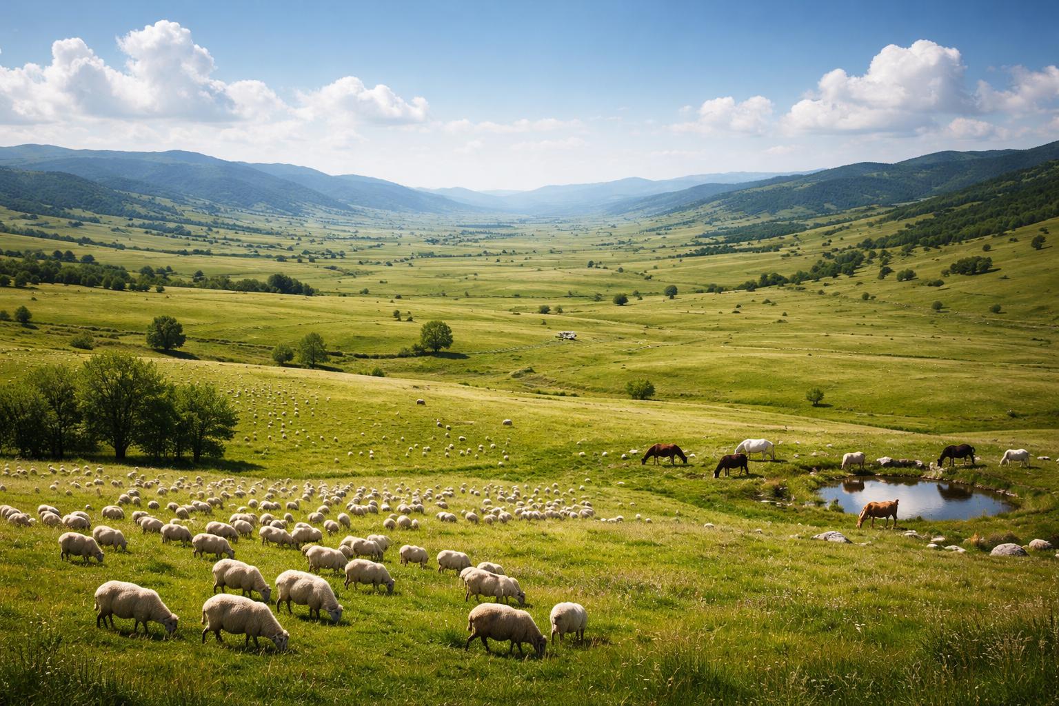 Peštersko polje kod Sjenice na Pešterskoj visoravni sa stadima ovaca i prostranim pašnjacima.