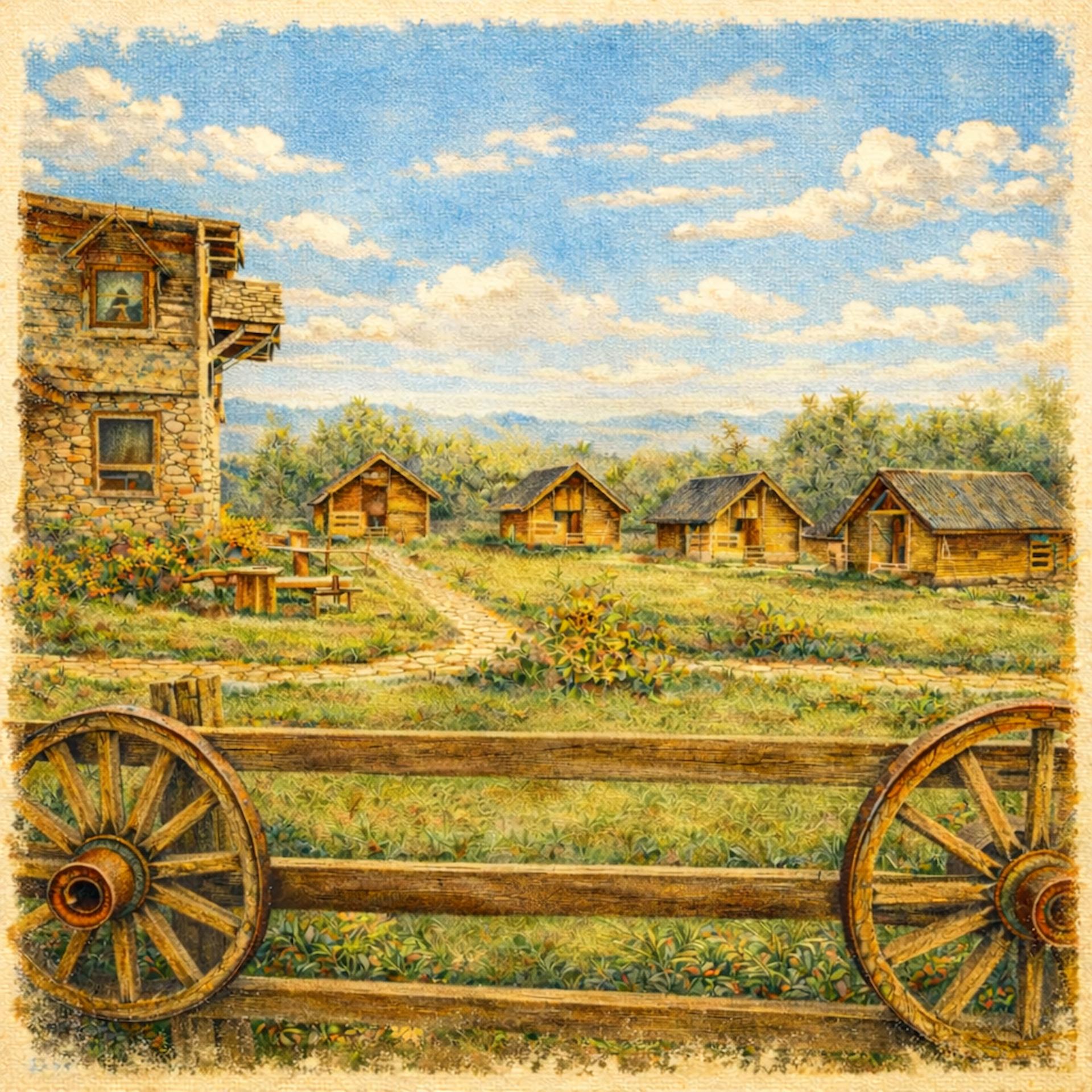 Ilustracija Etno sela Vidikovac na Uvcu kod Sjenice – drvene brvnare i priroda Pešterske visoravni.