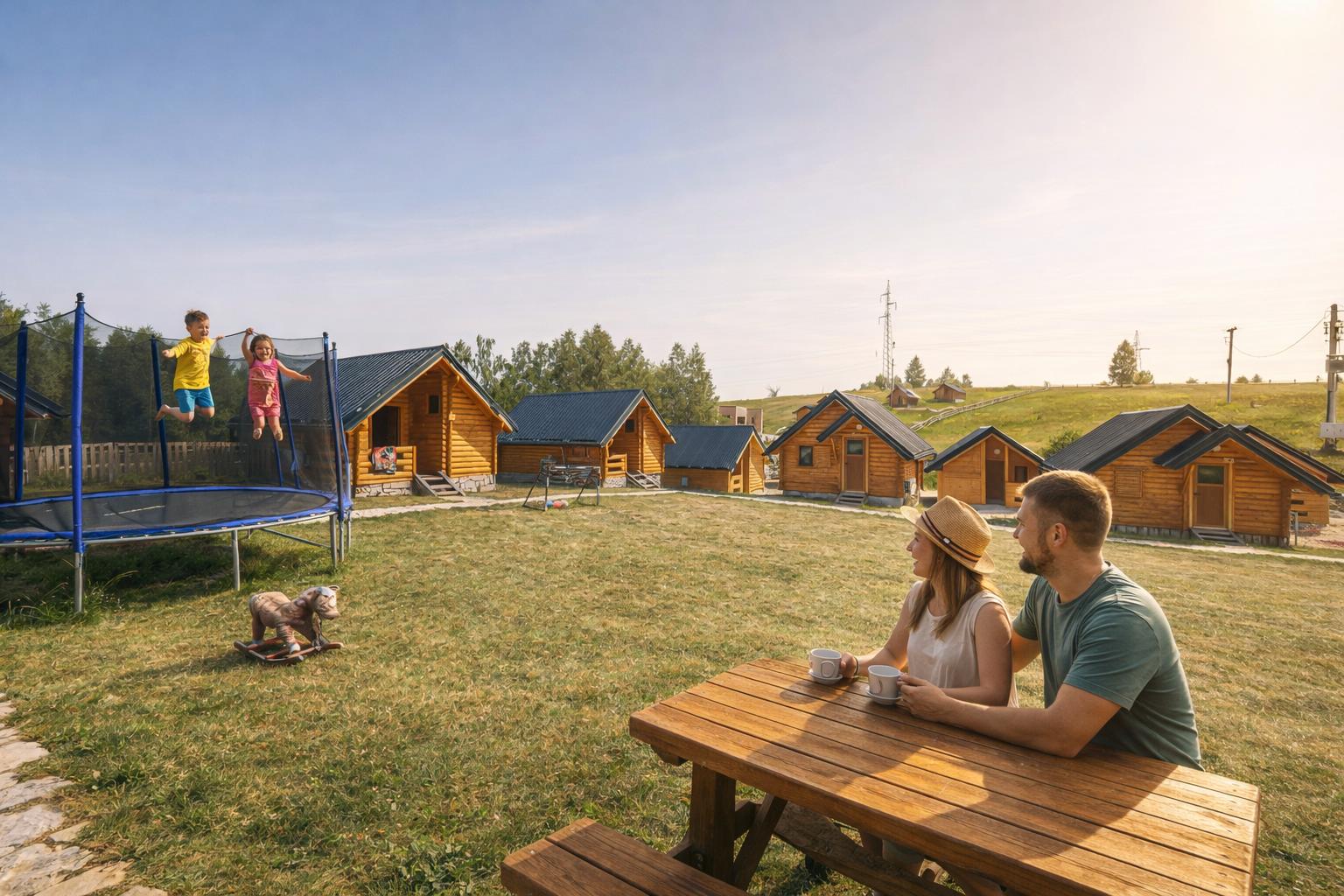 Porodični odmor na Uvcu &ndash; deca se igraju na trampolini u Etno selu Vidikovac na Pe&scaron;terskoj visoravni