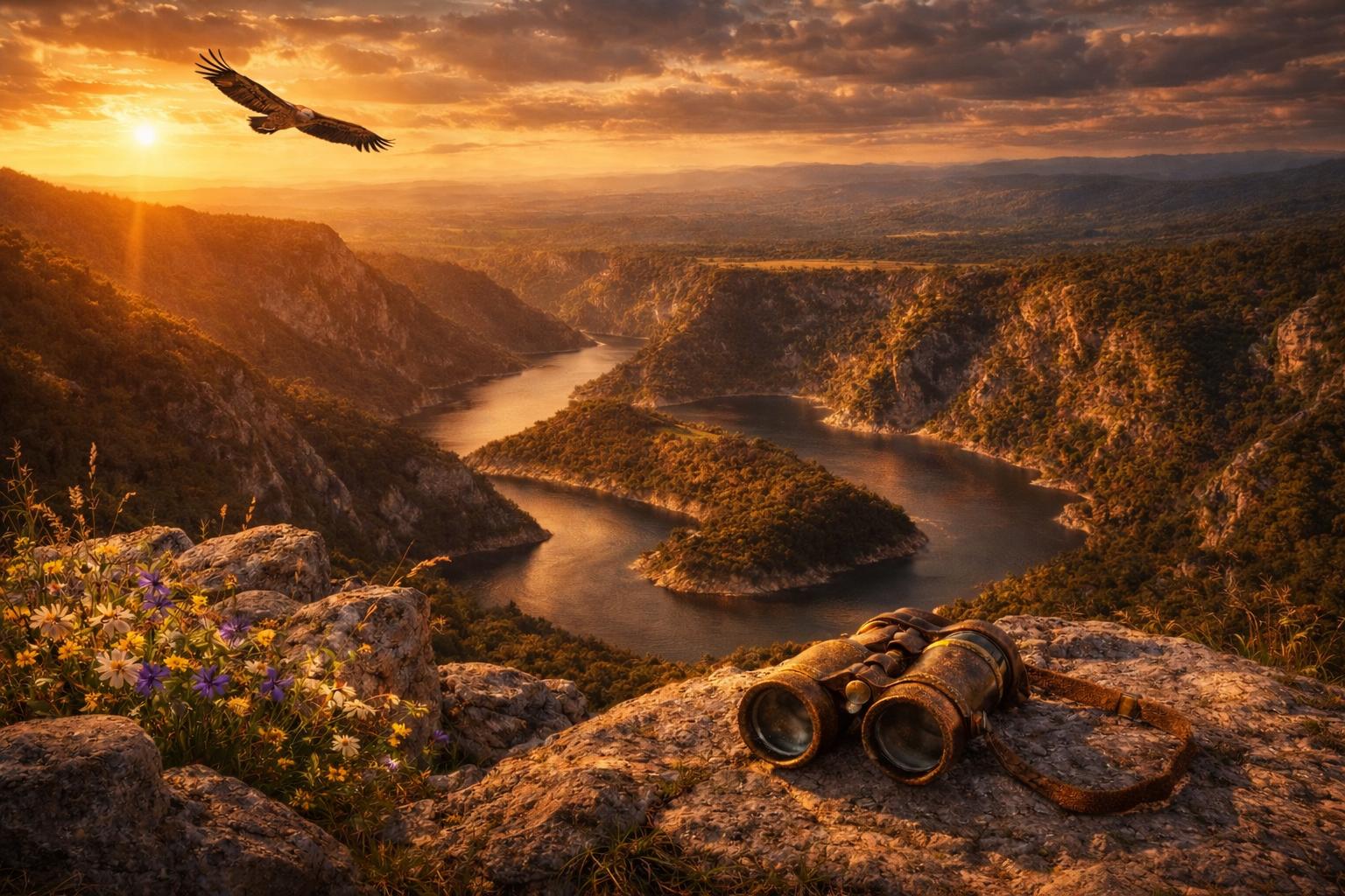 Pogled sa vidikovca Molitva na meandre reke Uvac tokom zalaska sunca, beloglavi sup leti iznad kanjona