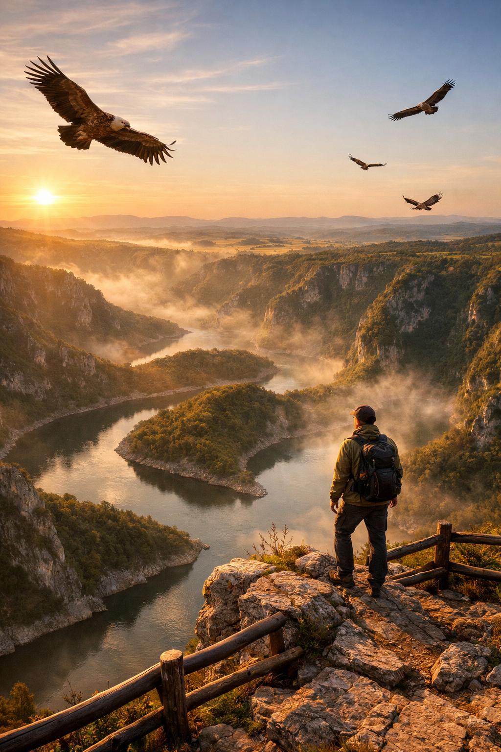 Pogled na meandre kanjona Uvac sa vidikovca Molitva i beloglavi supovi u letu